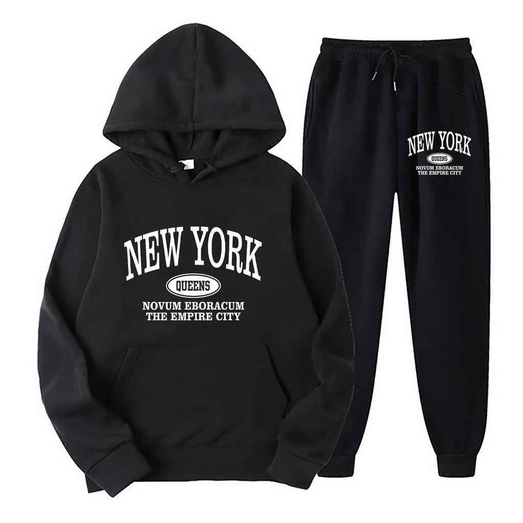 New York Print Two piece Set Casual Kangaroo Women's Casual Fashion Round Neck Sweatshirt, Solid Color Long Sleeves Sweatshirt,