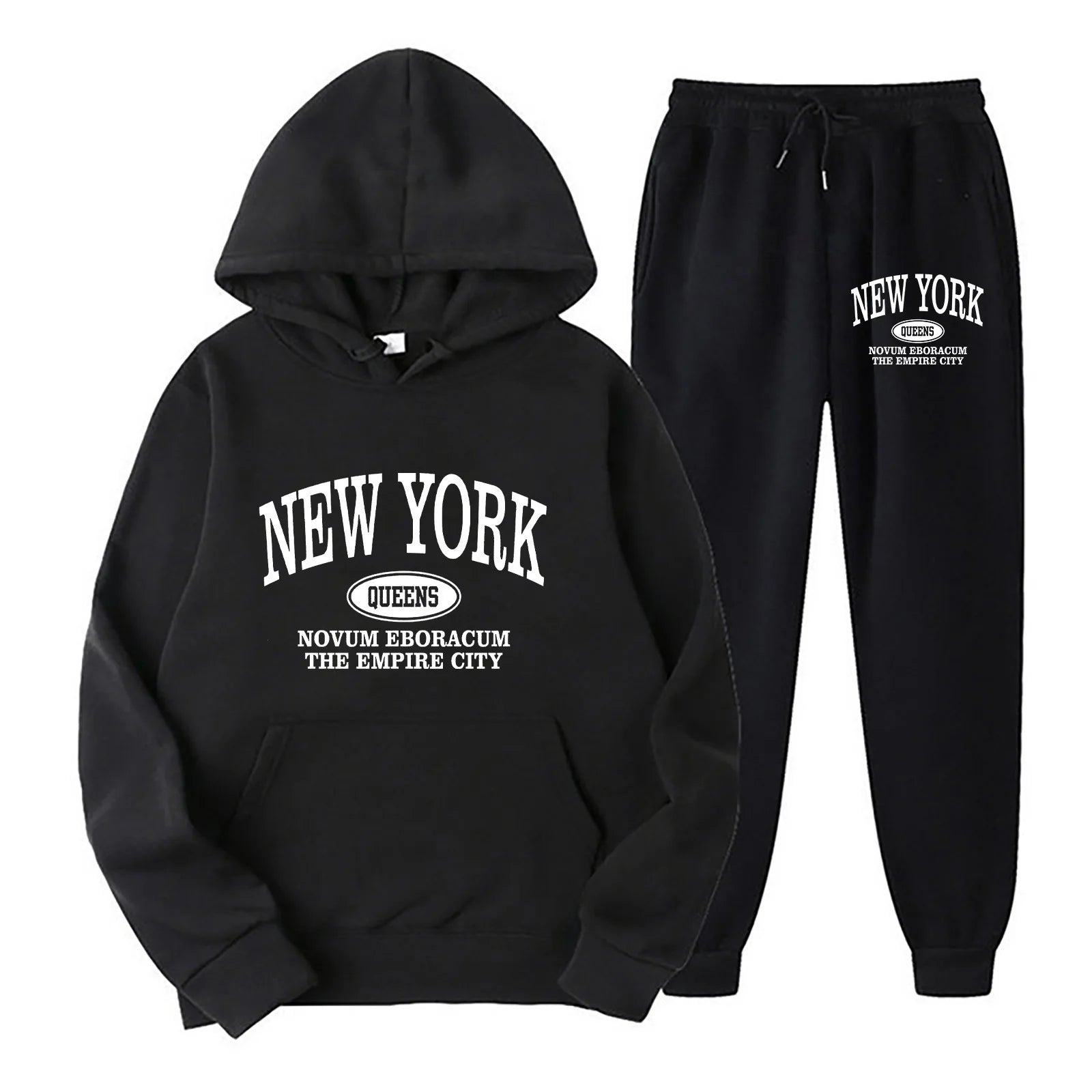 New York Print Two piece Set Casual Kangaroo Women's Casual Fashion Round Neck Sweatshirt, Solid Color Long Sleeves Sweatshirt,