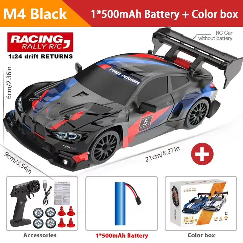 New 4WD 1:24 Scale RC Drift Car 2.4GHz 30KM/H High Speed M4 Racing Sport Toy Car LED Lights with Extra Tires Toy Kid Adult Gifts