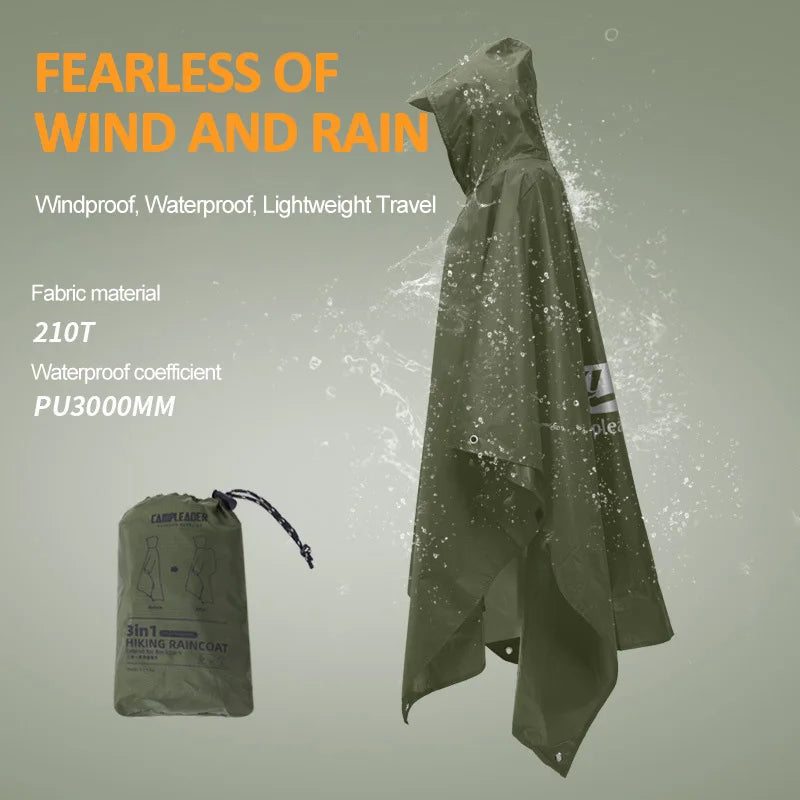 Outdoor 3 In 1 Raincoat Hooded Sleeve Waterproof Rain Poncho Motorcycle Rain Cover Camping Hiking Travel Portable Rainwear Tent