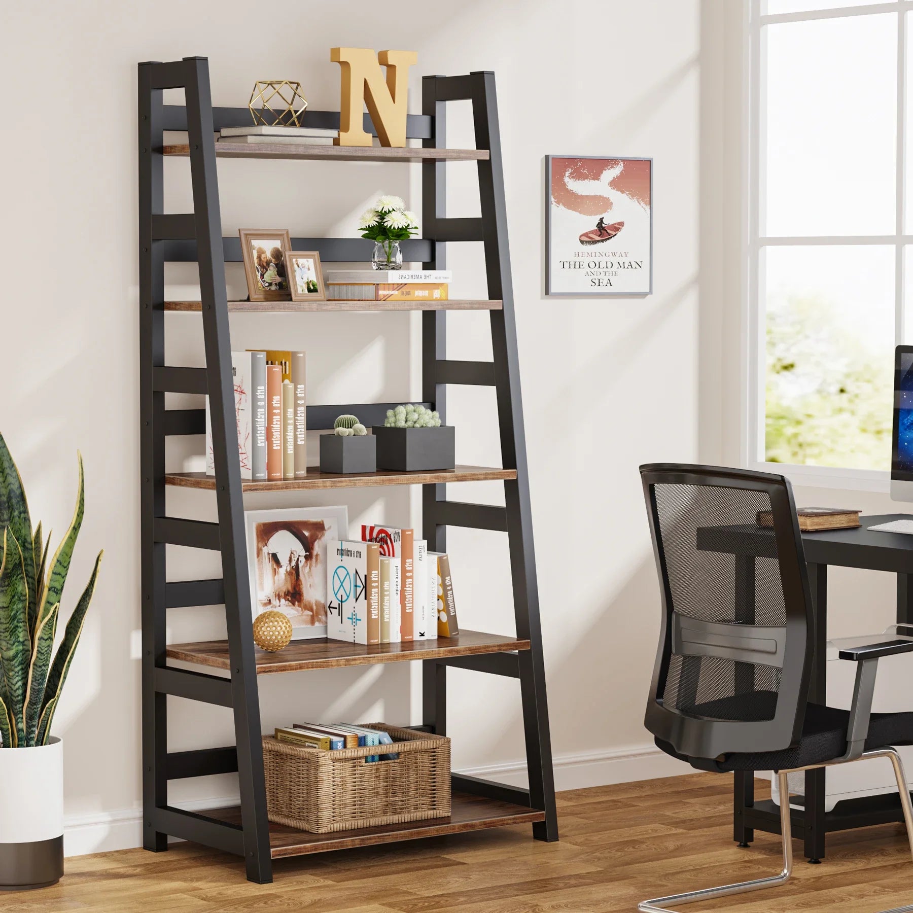 Tribesigns 5-Tier Bookshelf Industrial Bookcase, 5 Shelf Ladder Shelf Book Storage Shelf Organizer for Living Room, Home Office