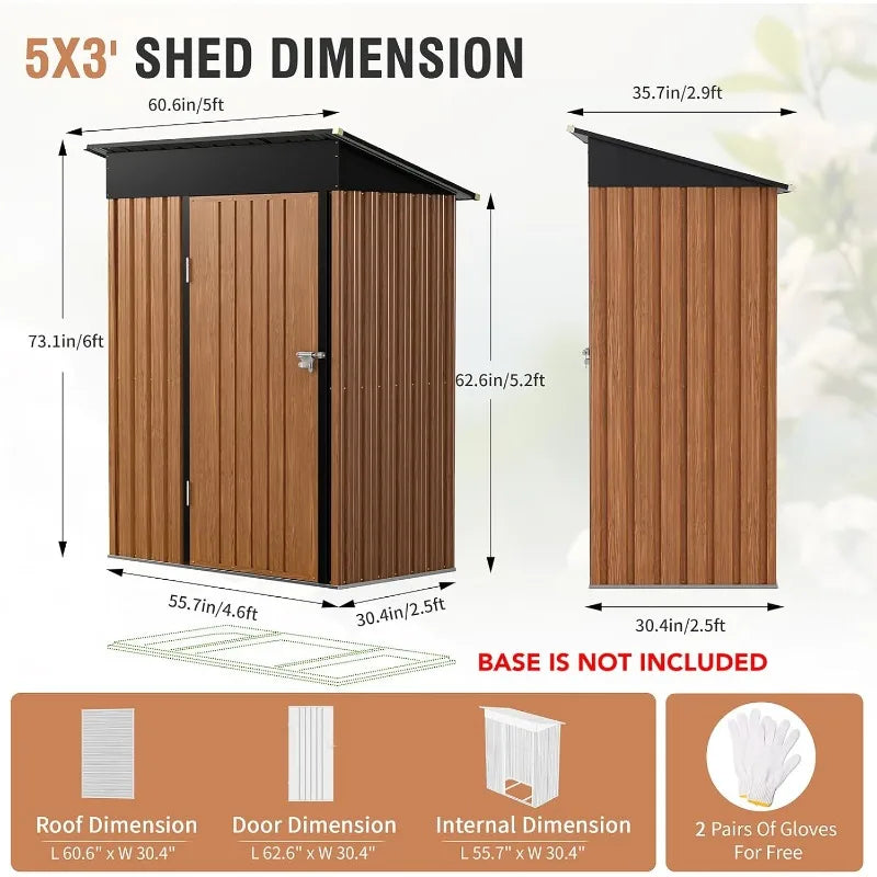 5x3 Ft Storage Shed, Outdoor Metal Shed With Lock, Small Lean To Shed, Compact Vertical Outside Bike Tiny House For Garden