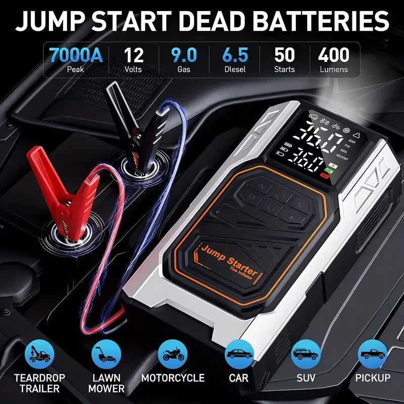 Jump Starter with Air Compressor, 7000A Peak Car Battery Jump Starter Jump Box (All Gas/12.0L Diesel), Battery Charger,LED Light