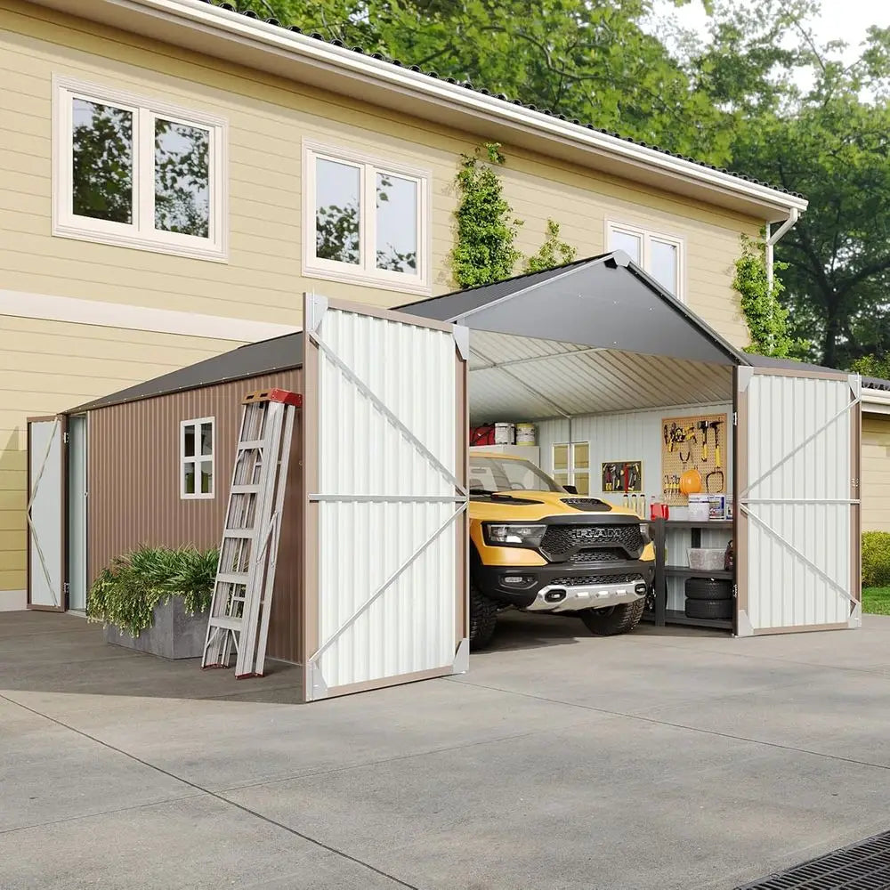 12x20x9.3 ft Large Outdoor Metal Storage Shed - 1700 sq ft, Double Door, Weather-Resistant, Brown