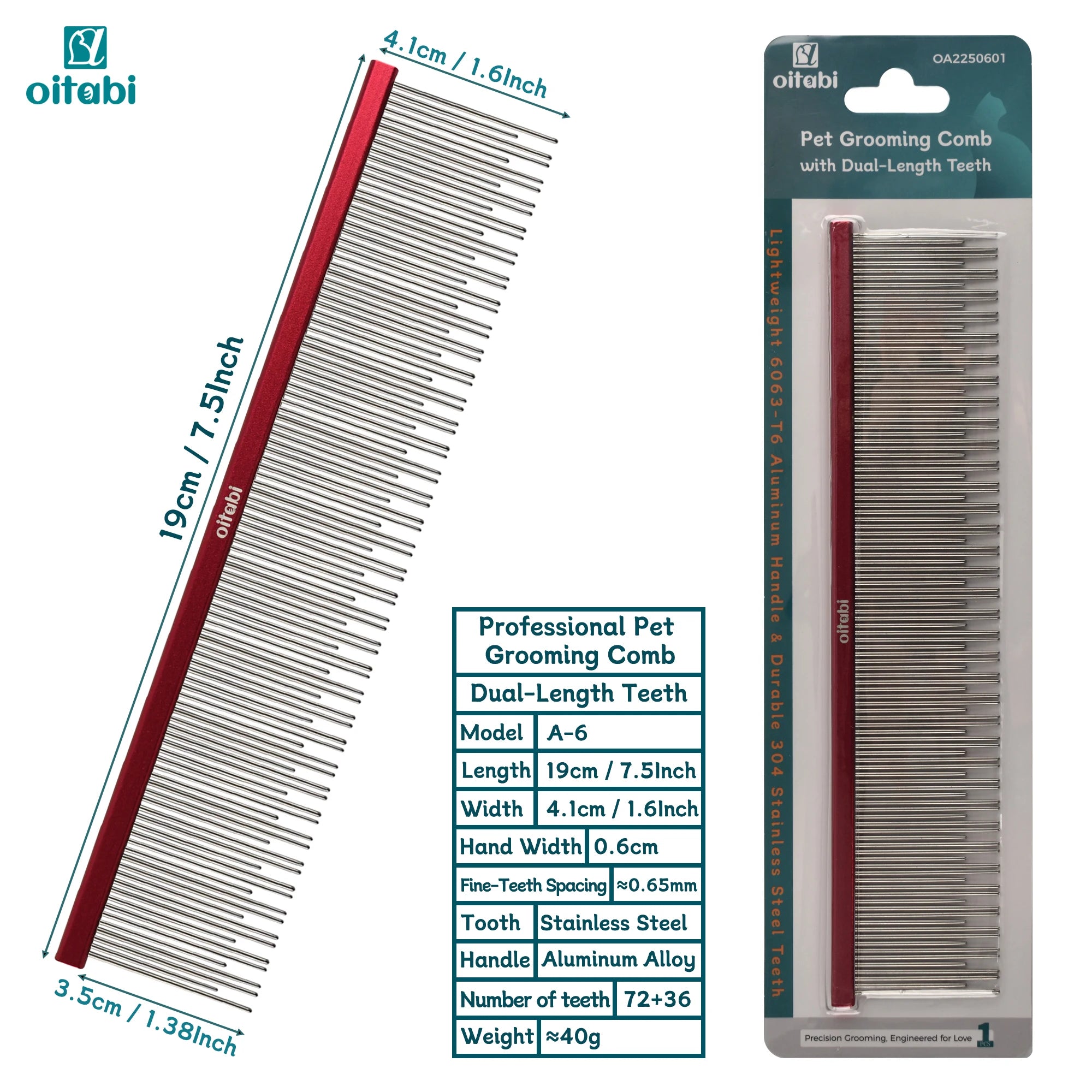 Oitabi Professional Pet Grooming Comb with Dual-Length Teeth for Dogs & Cats Metal Detangling Grooming Tool for Long Haired Pets