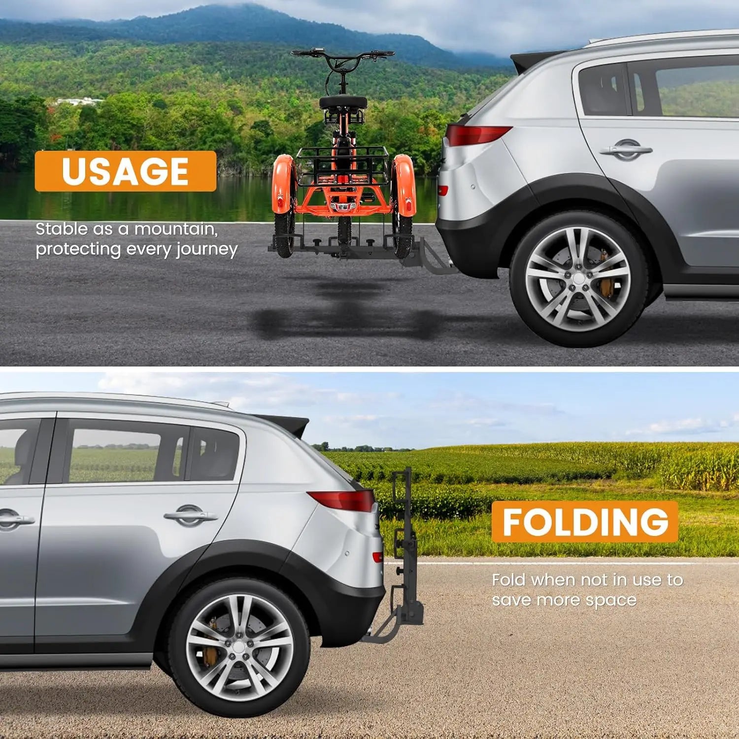 Heavy-Duty 5" Fat Tire Trike Rack for 2" Hitch, 170 lbs Capacity, Folding Carrier for Cars SUVs Vans