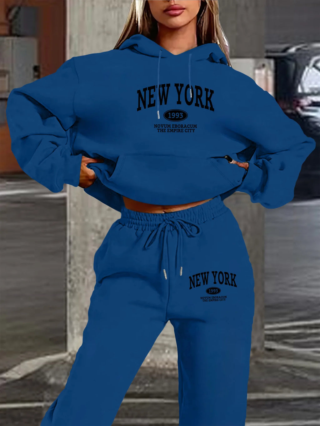 New York Print Two piece Set Casual Kangaroo Women's Casual Fashion Round Neck Sweatshirt, Solid Color Long Sleeves Sweatshirt,