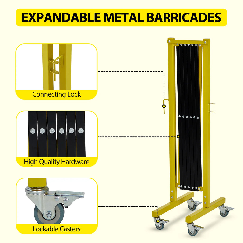 , 11 Feet, Mobile Safety Barrier Gate, Retractable Traffic Fence With Warning Board Casters