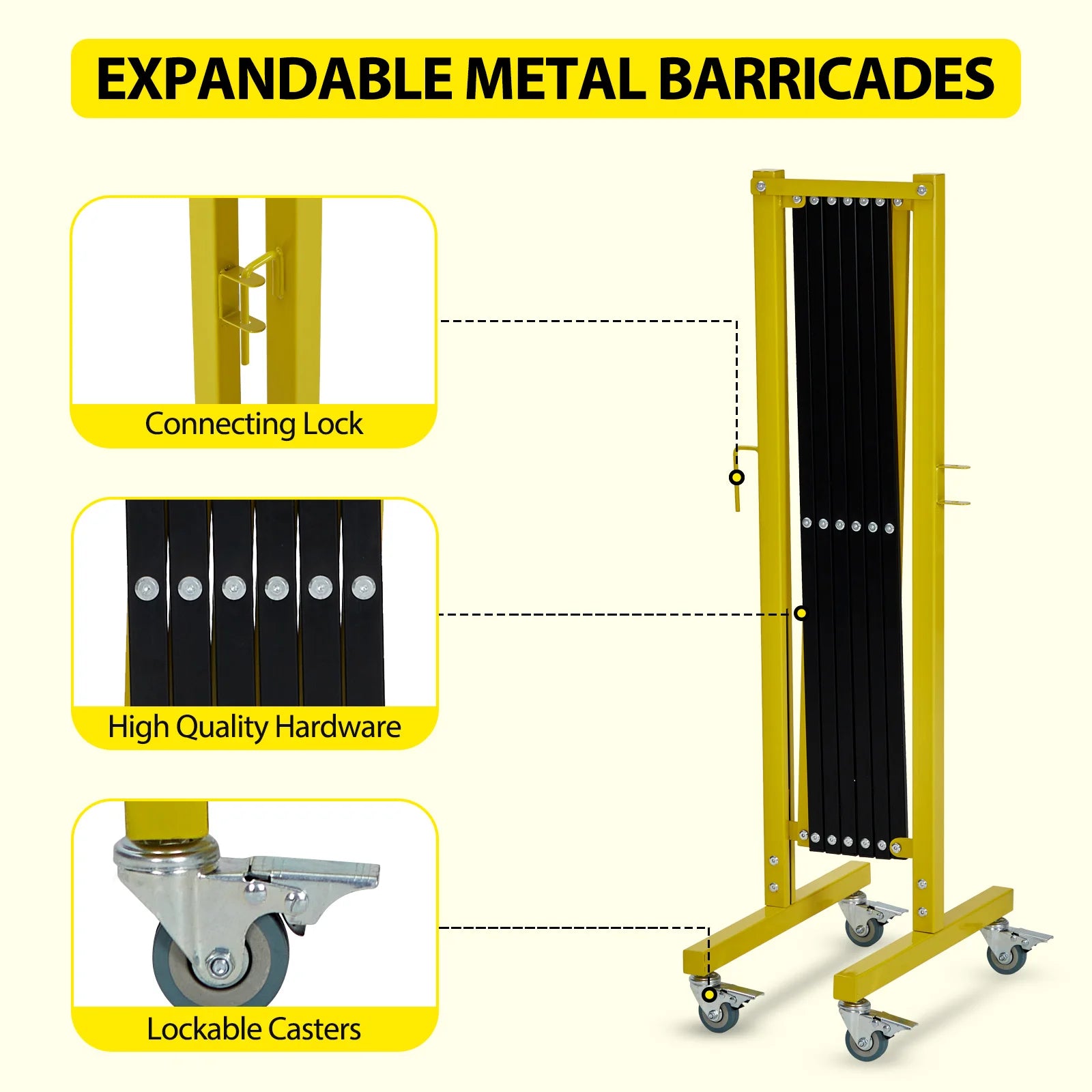 , 11 Feet, Mobile Safety Barrier Gate, Retractable Traffic Fence With Warning Board Casters