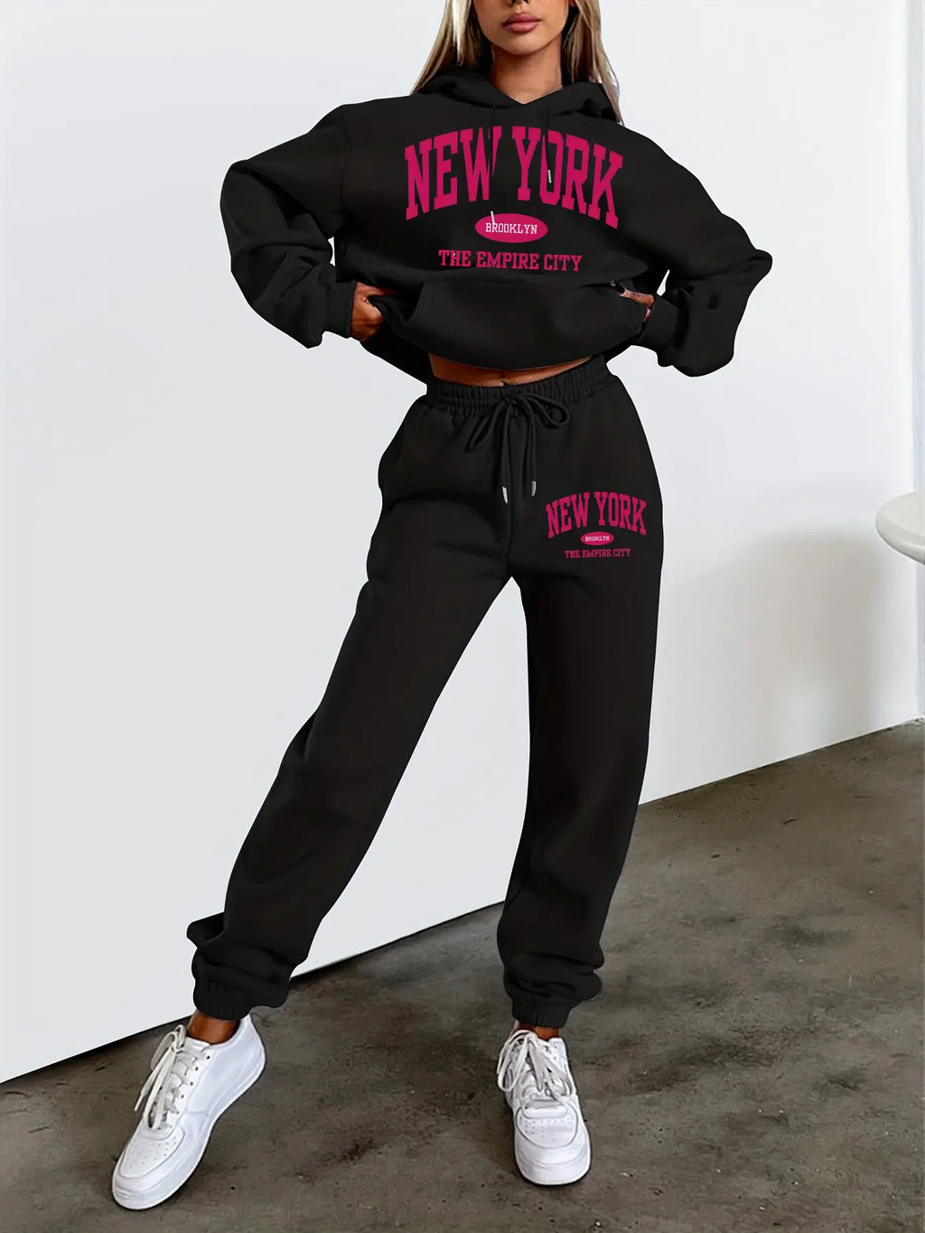 New York Print Two piece Set Casual Kangaroo Women's Casual Fashion Round Neck Sweatshirt, Solid Color Long Sleeves Sweatshirt,