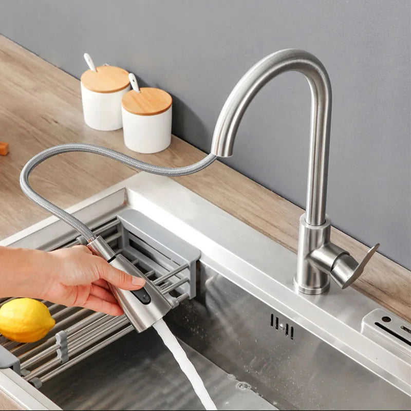 Stainless steel kitchen faucet single hole pull out spout kitchen sink mixer faucet flow spray head 360 swivel cleaning faucet