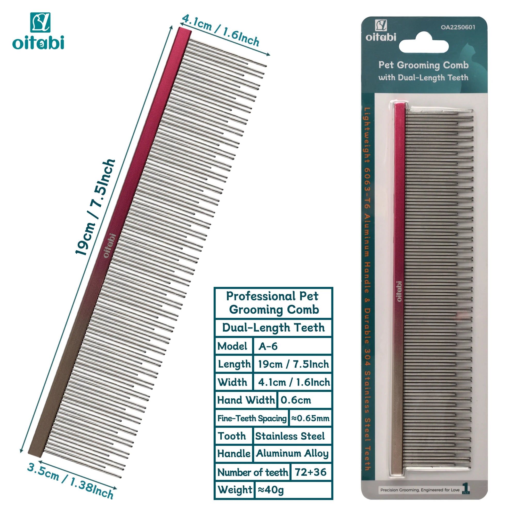 Oitabi Professional Pet Grooming Comb with Dual-Length Teeth for Dogs & Cats Metal Detangling Grooming Tool for Long Haired Pets