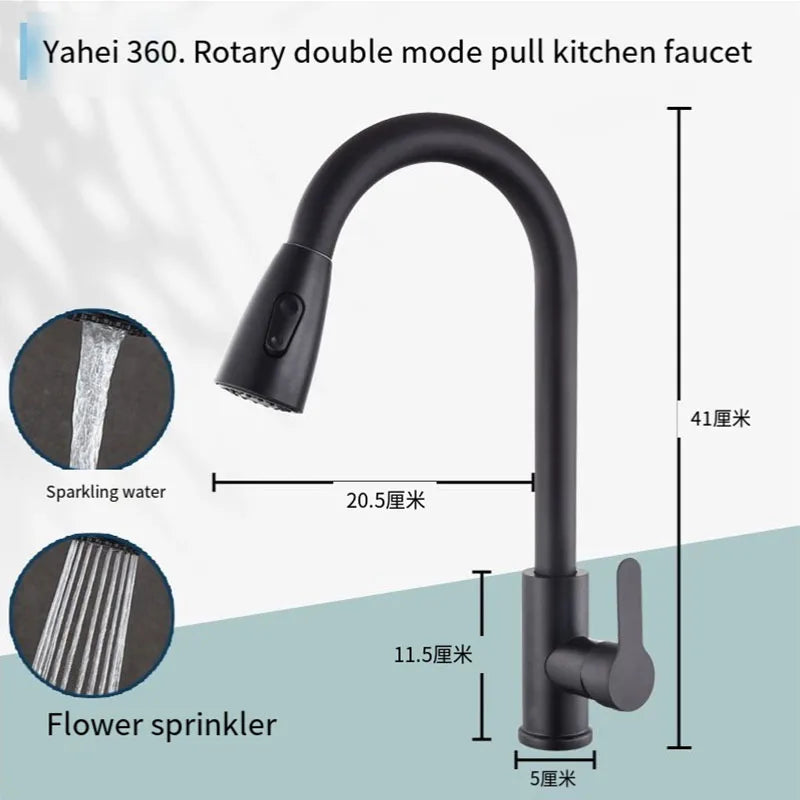 Stainless steel kitchen faucet single hole pull out spout kitchen sink mixer faucet flow spray head 360 swivel cleaning faucet