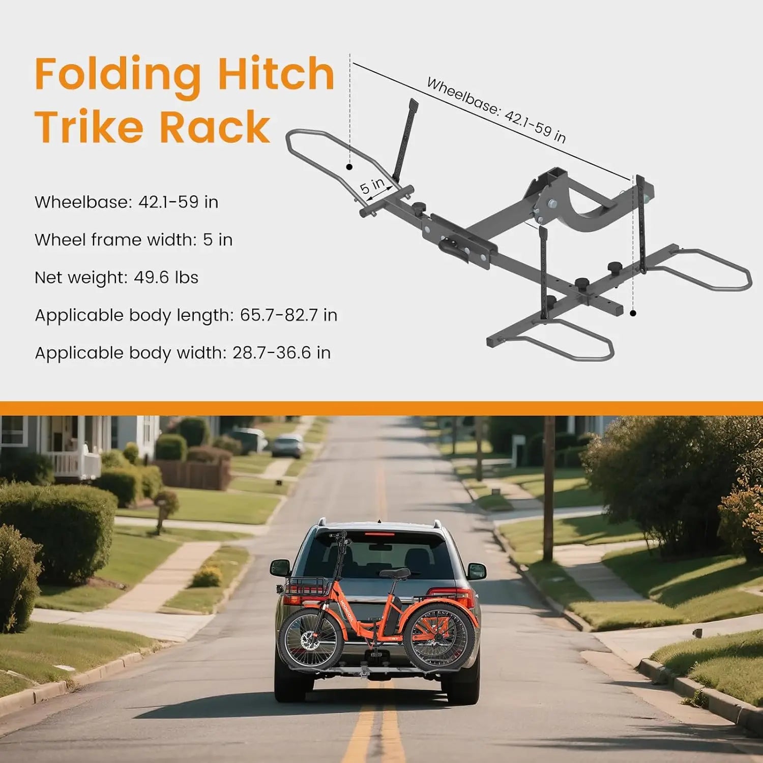 Heavy-Duty 5" Fat Tire Trike Rack for 2" Hitch, 170 lbs Capacity, Folding Carrier for Cars SUVs Vans