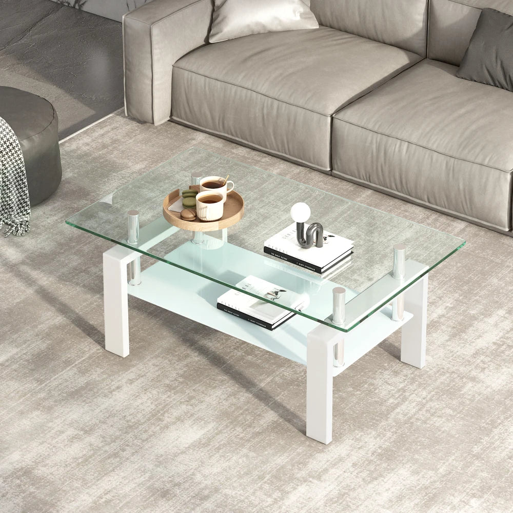 Tempered Clear Glass Coffee Table 2-Layers Coffee