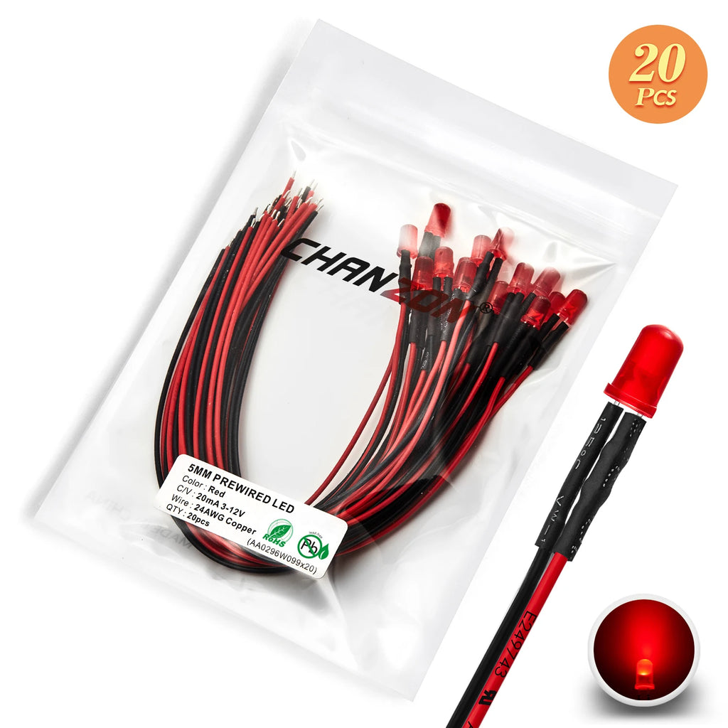 12V 5mm LED Diode Kit White Red Green Blue Yellow Orange Prewired 5 9 12 V Diffused Light Emitting Indicator Assortment Assorted