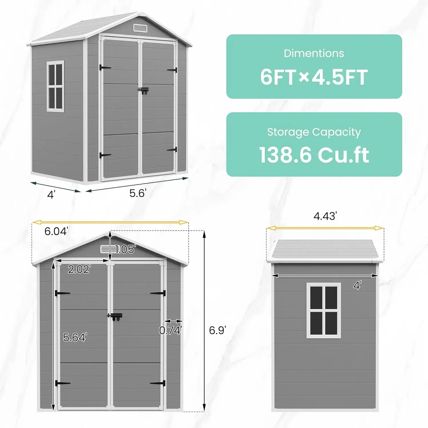 Outdoor Resin Storage Shed 6x4.5 FT, Plastic Garden Shed for Bike, Garbage Can, , Outside Sheds with Lockable Door for Back