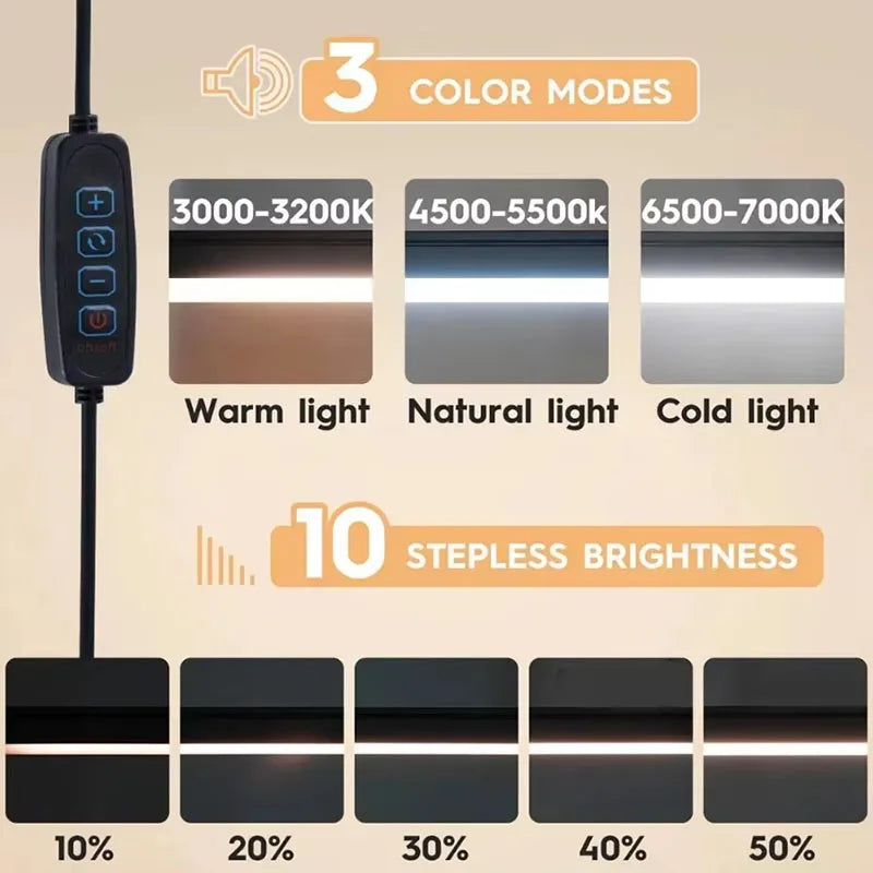 2026 NEW 3 Mode Dimmable LED Desk Lamp with Clamp, 10 Level Brightness Adjustable, Flexible Gooseneck for Study/Office/Bedroom
