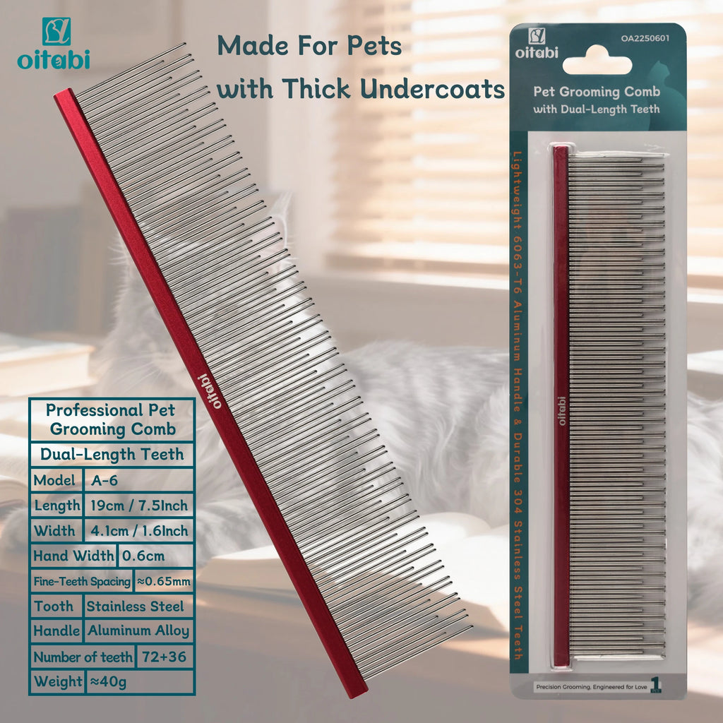 Oitabi Professional Pet Grooming Comb with Dual-Length Teeth for Dogs & Cats Metal Detangling Grooming Tool for Long Haired Pets