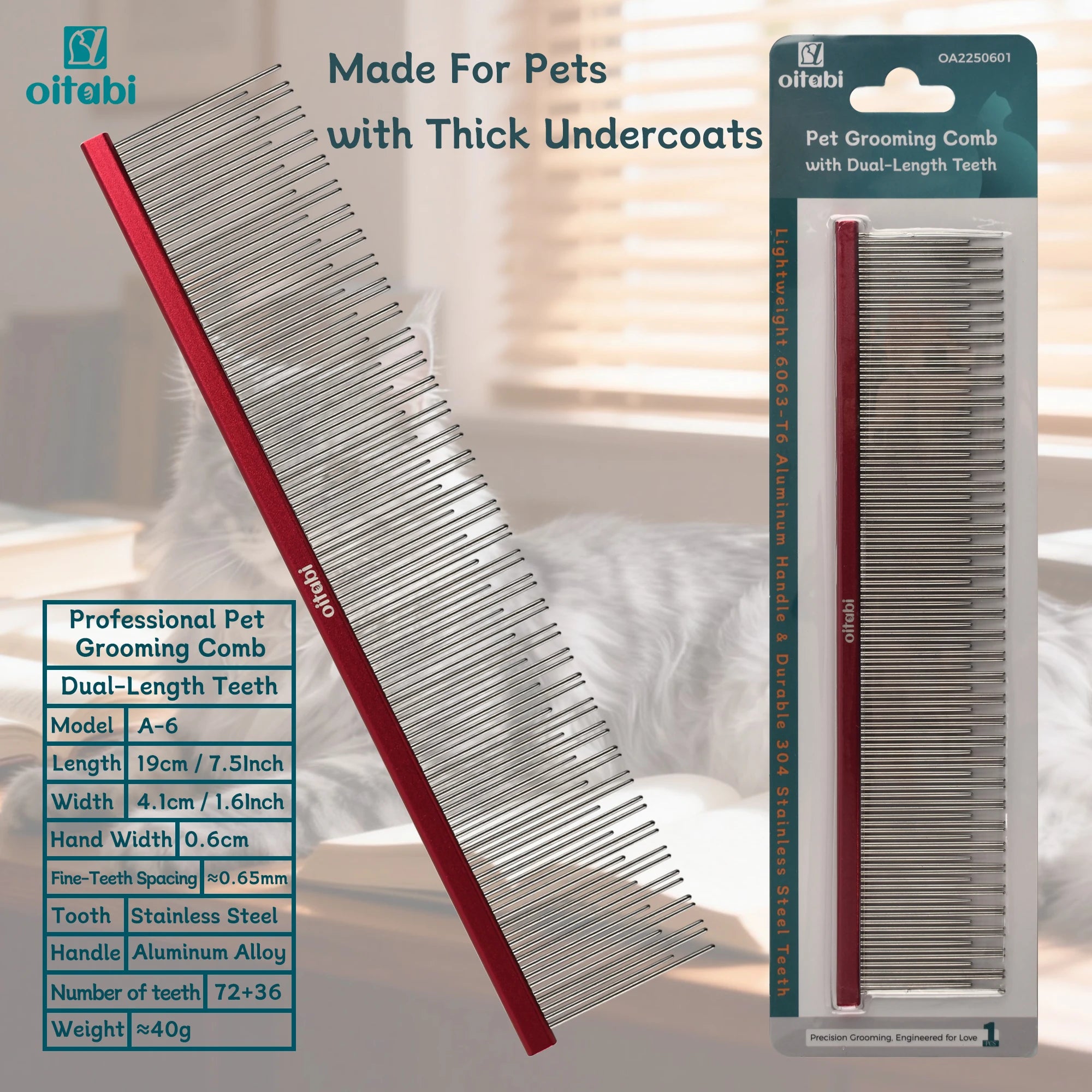 Oitabi Professional Pet Grooming Comb with Dual-Length Teeth for Dogs & Cats Metal Detangling Grooming Tool for Long Haired Pets