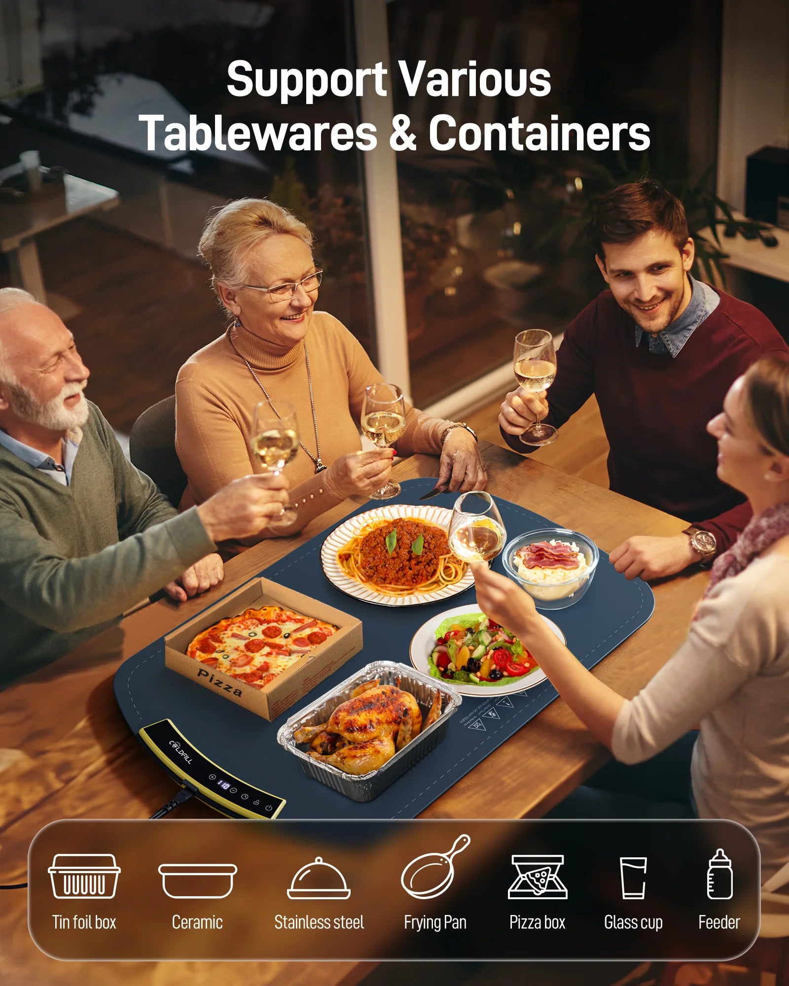 Fast Heating Food Electric Warming Tray Foldable Food Warmer Plate 8 Levels Adjust Temperature Control Keeps Food Hot Constant