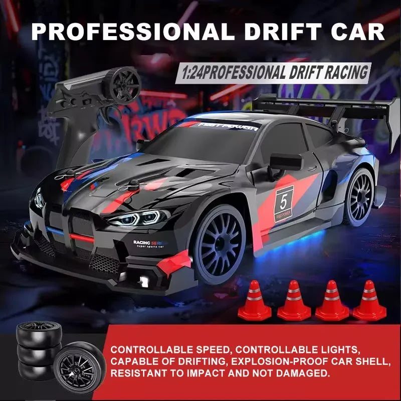 New 4WD 1:24 Scale RC Drift Car 2.4GHz 30KM/H High Speed M4 Racing Sport Toy Car LED Lights with Extra Tires Toy Kid Adult Gifts