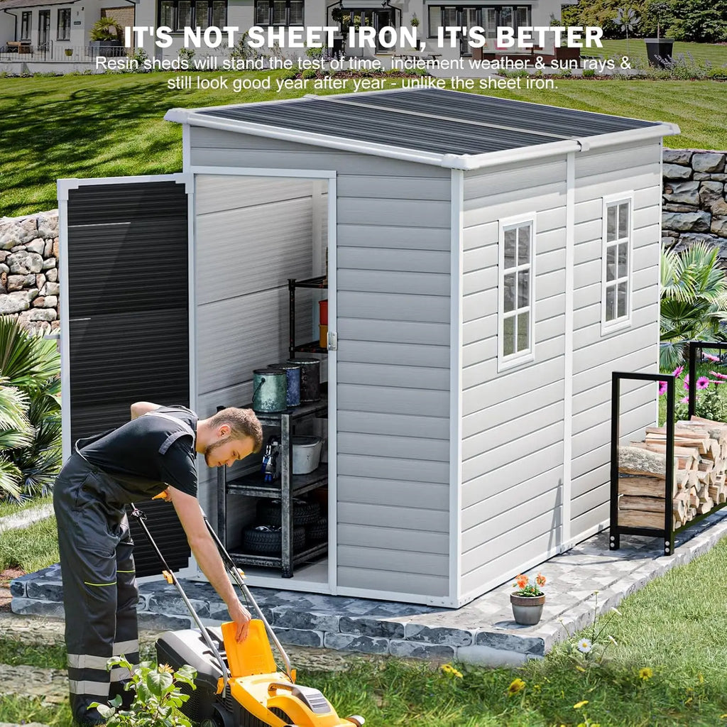 4x8 FT Resin Lean to Shed, Waterproof Outdoor Storage Shed with Floor and Adjustable Openable Windows,Outside, Customized