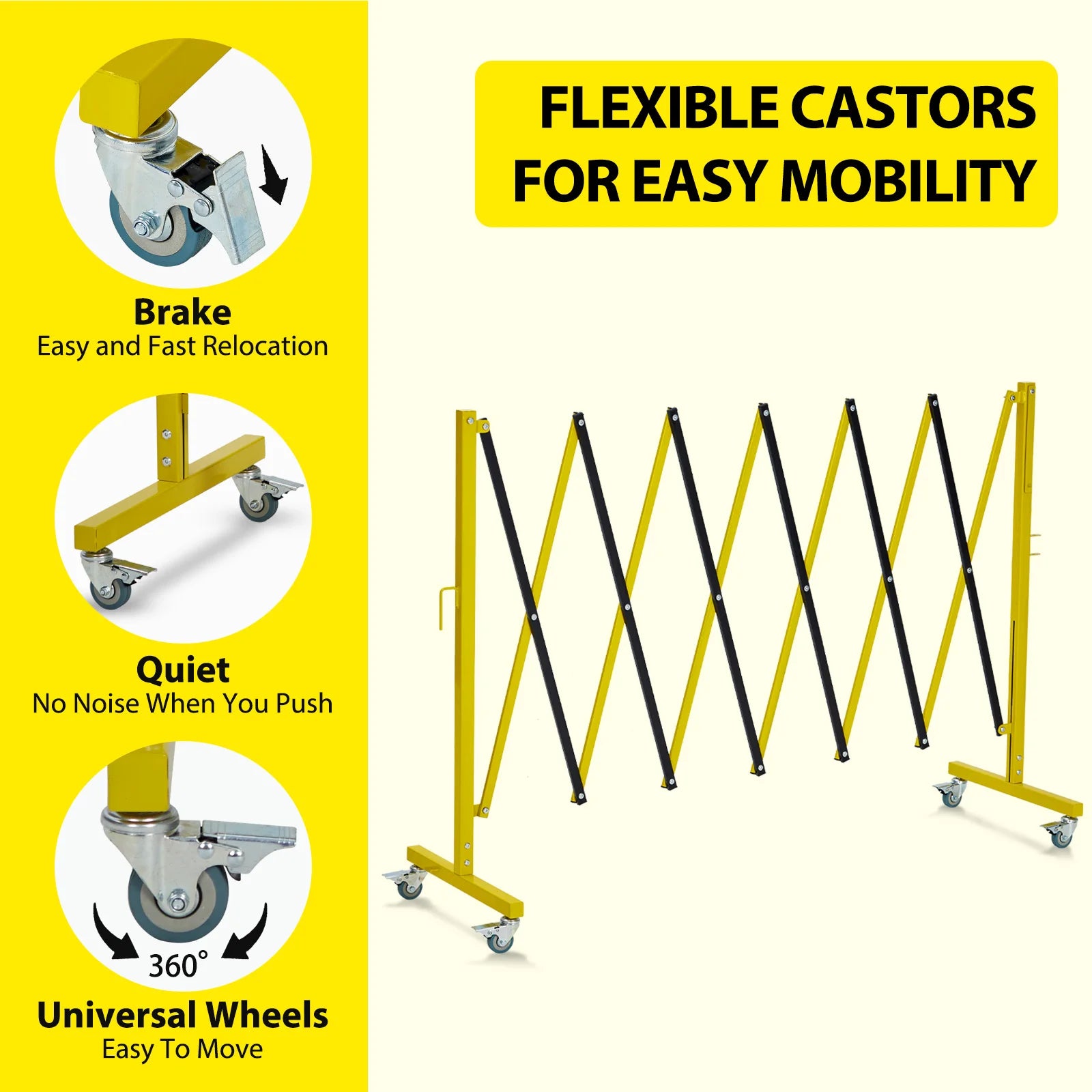 , 11 Feet, Mobile Safety Barrier Gate, Retractable Traffic Fence With Warning Board Casters