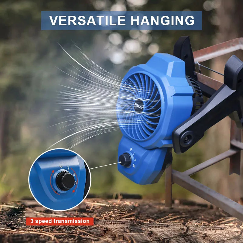 HERZO 12V Cordless Outdoor Camping Fan 3rd Gear Speed Change 360 Degree Rotation Tripod Design Rechargeable Battery DIY