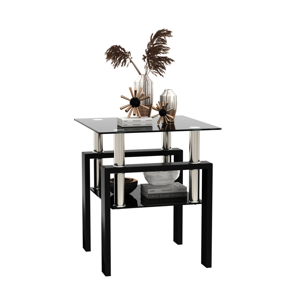 1-Piece Modern Tempered Glass Tea Table Coffee Table End Table Square Table for Living Room Black