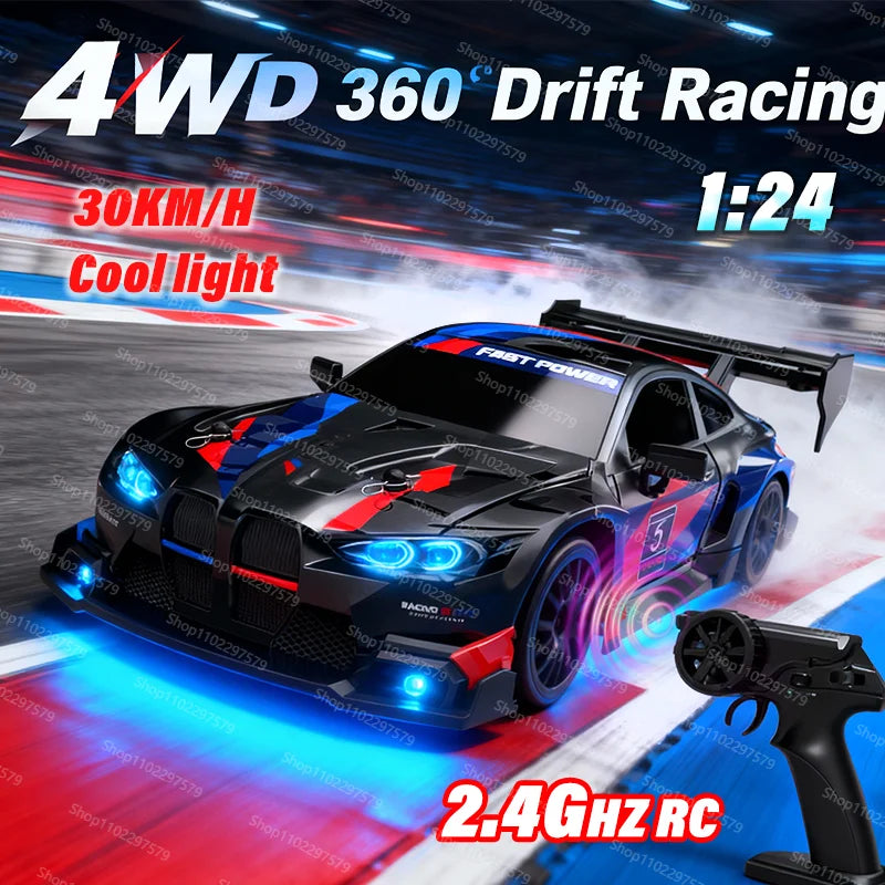 New 4WD 1:24 Scale RC Drift Car 2.4GHz 30KM/H High Speed M4 Racing Sport Toy Car LED Lights with Extra Tires Toy Kid Adult Gifts