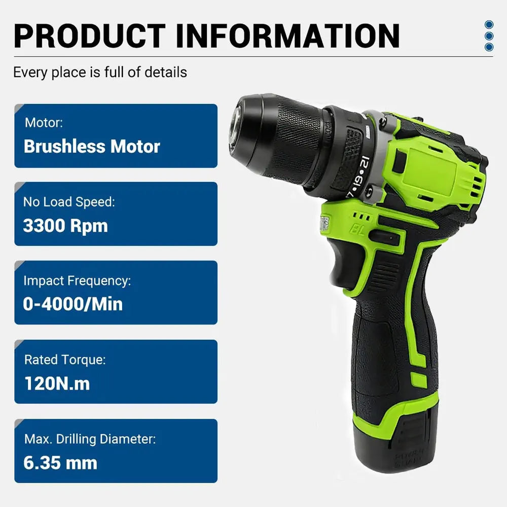 16.8V 2in1 Lithium Drill Electric Screwdriver Multi-function Power Tool 45Nm Torque Brushless Motor Practical Screw Driver